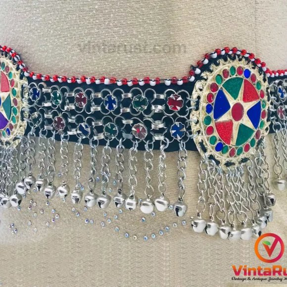 Afghan Kuchi Belt, Belly Dance Belt, Kuchi Belt With Multicolor Glass Stones - Picture 5 of 10